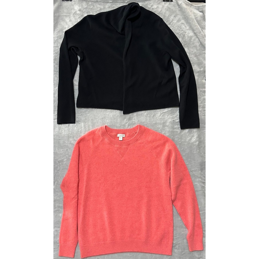 Lot of 2 Garnet Hill Women's M Cashmere Cardigan Black & Coral Crewneck‎ Sweater